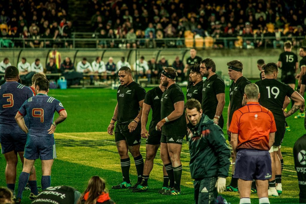 Image of two international rugby teams about to clash, to illustrate the concept of an opponent